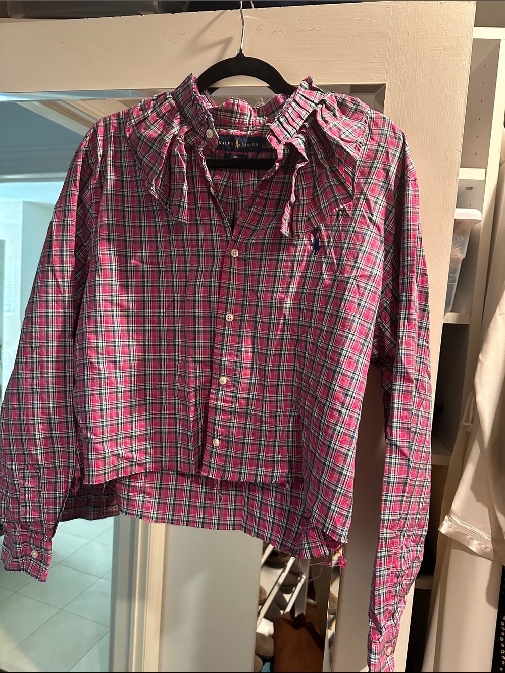 Bespoke Tokyo style Ralph Lauren Pink and Green Plaid Ruffle-Collar Button Shirt